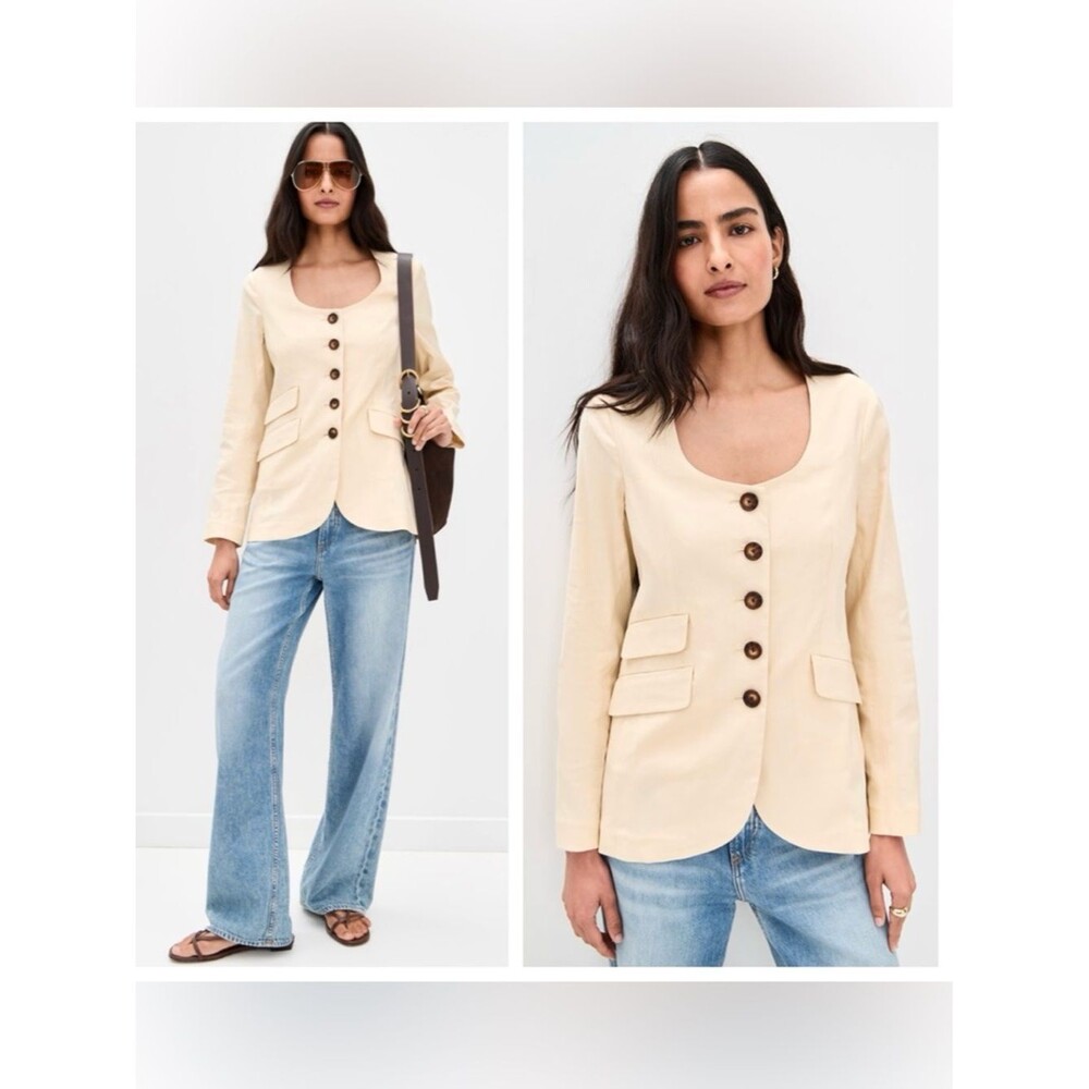 NWT Rag & Bone Roslyn Blazer Linen Blend Cream Beige Collarless Jacket Size 10
